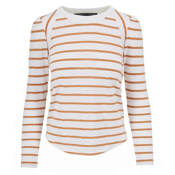 Veronica Beard Mason Stripe Puff Sleeve Baseball Tee White Caramel Size M - Picture 2 of 16